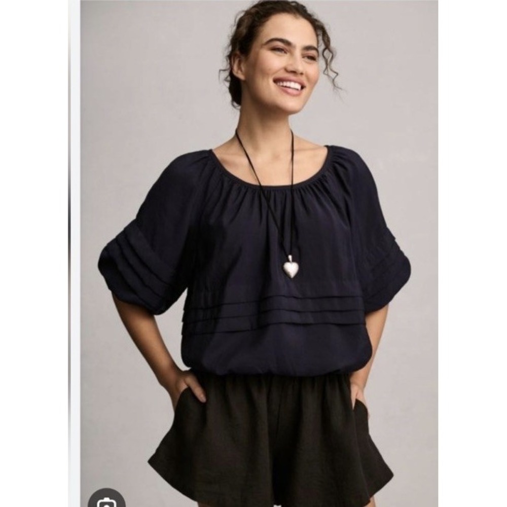 Maeve Short Sleeve Bubble Tired Top Navy XS Anthropologie Feminine Preppy Boho